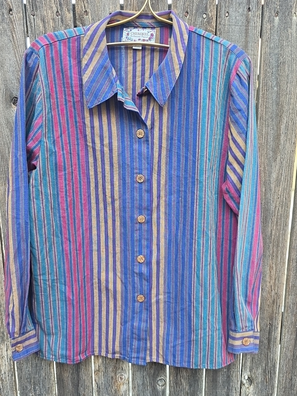 Vintage 100% Cotton Cherokee‎ Blue Teal  Striped Button-Up Shirt Made In USA